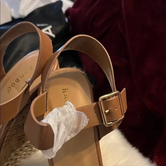 NWT Bamboo Buckle Strap Wedge Sandals Brown - Picture 5 of 13